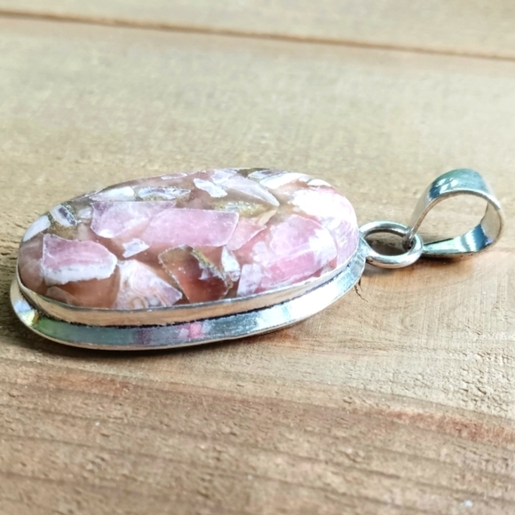 Rhodochrosite w/ Copper Inclusions Oval Pendant 925 Sterling Silver Necklace - Picture 4 of 9